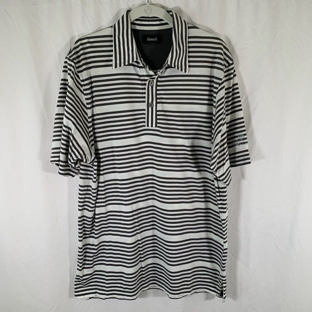 Ashworth Polo Men's Medium White Grey Striped Short Sleeve 100% Cotton